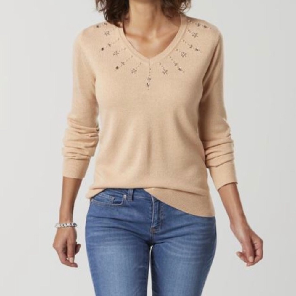 Basic Editions Women's Embellished V-Neck Sweater